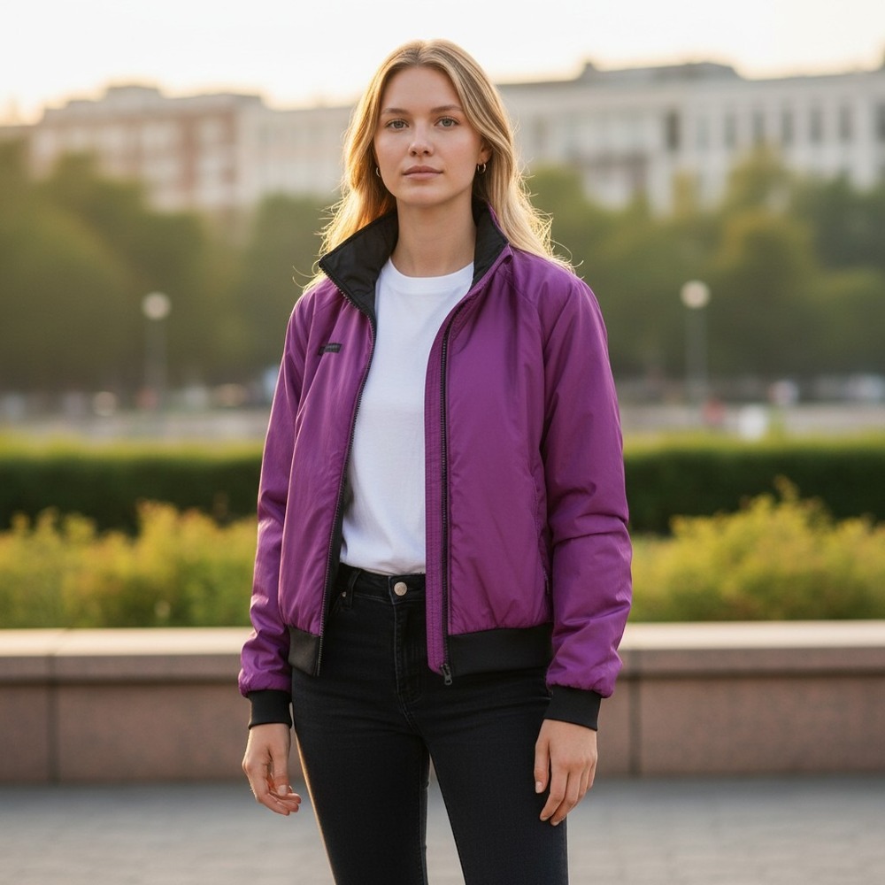 Columbia Reversible Bomber Jacket Womens Grey Purple Full Zip Windbreaker